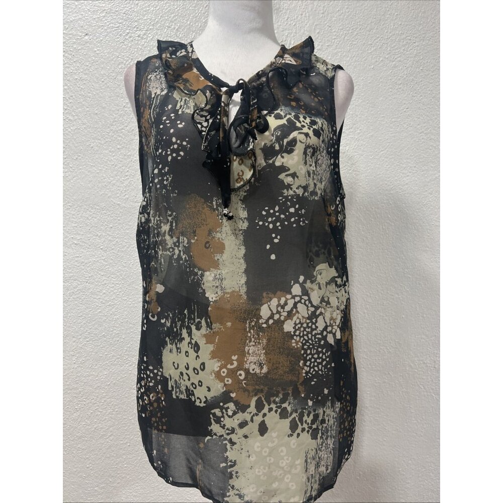 Cabi Incandescent Sheer Top Ruffle Neck Black Animal print sheer